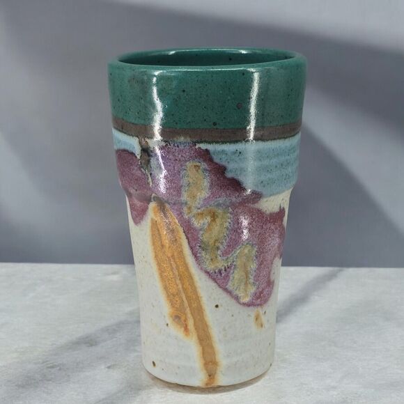 Studio Pottery Tumbler 7" Hand Made Hand-Painted Gray Teal and Purple Drip Glaze - Picture 1 of 9